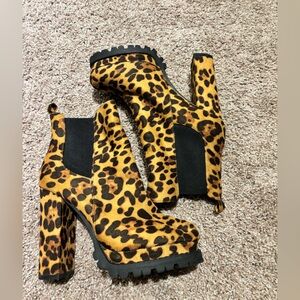 Leopard print lug soled booties